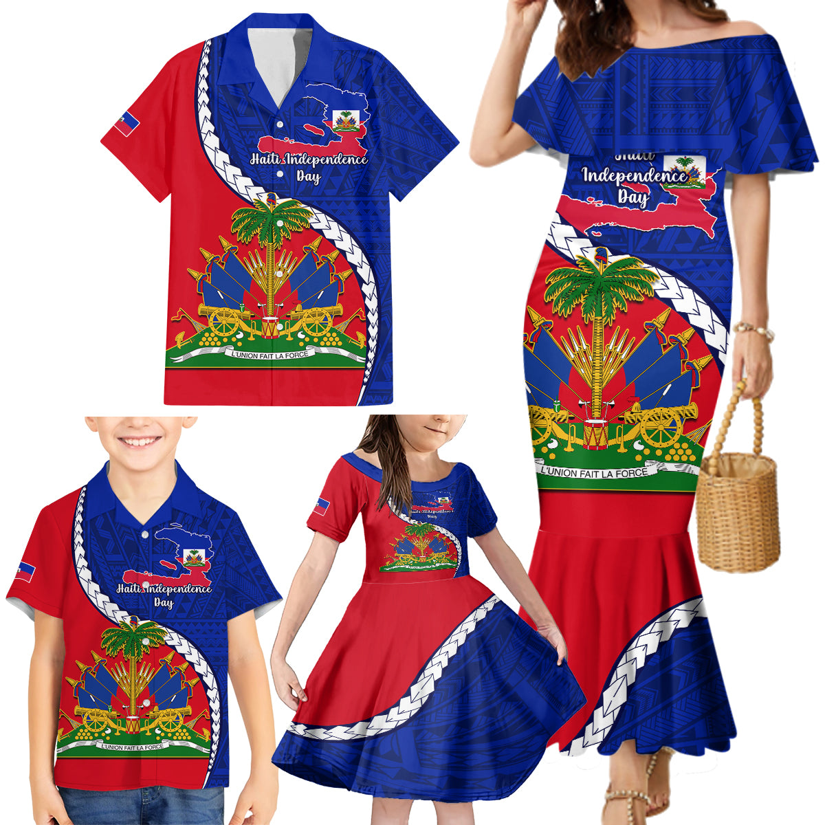 Personalised Haiti Independence Day Family Matching Mermaid Dress and Hawaiian Shirt Ayiti National Emblem With Polynesian Pattern - Wonder Print Shop