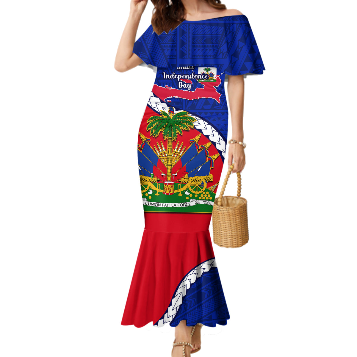 Personalised Haiti Independence Day Family Matching Mermaid Dress and Hawaiian Shirt Ayiti National Emblem With Polynesian Pattern - Wonder Print Shop