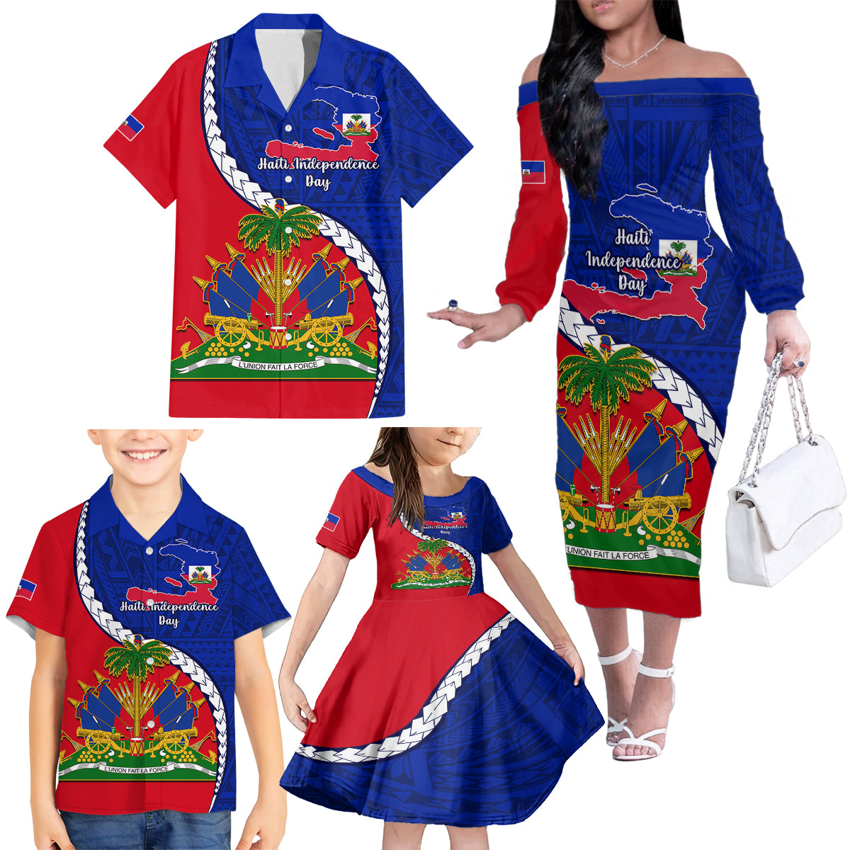 personalised-haiti-independence-day-family-matching-off-shoulder-long-sleeve-dress-and-hawaiian-shirt-ayiti-national-emblem-with-polynesian-pattern