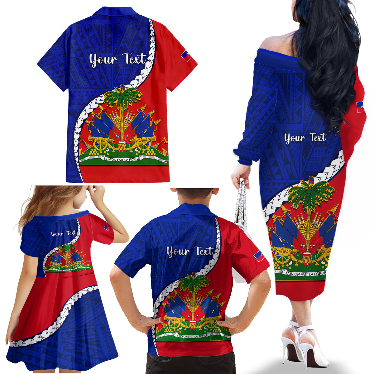 Personalised Haiti Independence Day Family Matching Off Shoulder Long Sleeve Dress and Hawaiian Shirt Ayiti National Emblem With Polynesian Pattern - Wonder Print Shop