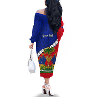 Personalised Haiti Independence Day Family Matching Off Shoulder Long Sleeve Dress and Hawaiian Shirt Ayiti National Emblem With Polynesian Pattern - Wonder Print Shop