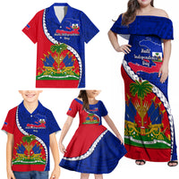 Personalised Haiti Independence Day Family Matching Off Shoulder Maxi Dress and Hawaiian Shirt Ayiti National Emblem With Polynesian Pattern - Wonder Print Shop