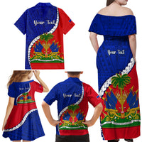 Personalised Haiti Independence Day Family Matching Off Shoulder Maxi Dress and Hawaiian Shirt Ayiti National Emblem With Polynesian Pattern - Wonder Print Shop