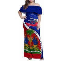 Personalised Haiti Independence Day Family Matching Off Shoulder Maxi Dress and Hawaiian Shirt Ayiti National Emblem With Polynesian Pattern - Wonder Print Shop