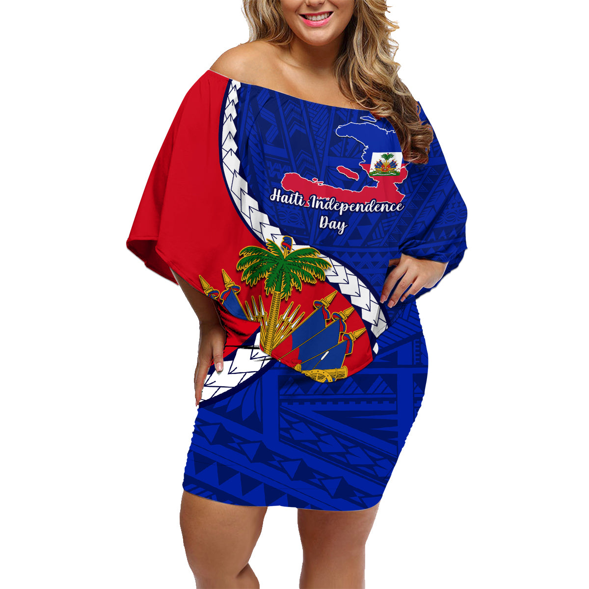 Personalised Haiti Independence Day Family Matching Off Shoulder Short Dress and Hawaiian Shirt Ayiti National Emblem With Polynesian Pattern - Wonder Print Shop