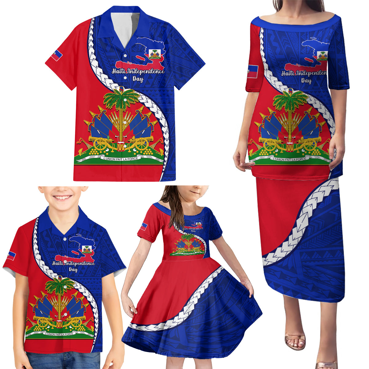 personalised-haiti-independence-day-family-matching-puletasi-dress-and-hawaiian-shirt-ayiti-national-emblem-with-polynesian-pattern