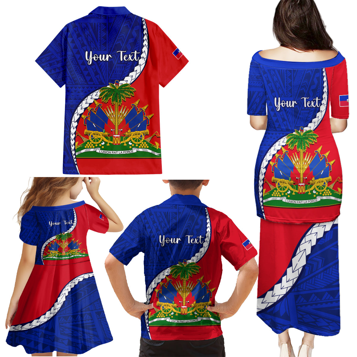 Personalised Haiti Independence Day Family Matching Puletasi Dress and Hawaiian Shirt Ayiti National Emblem With Polynesian Pattern - Wonder Print Shop