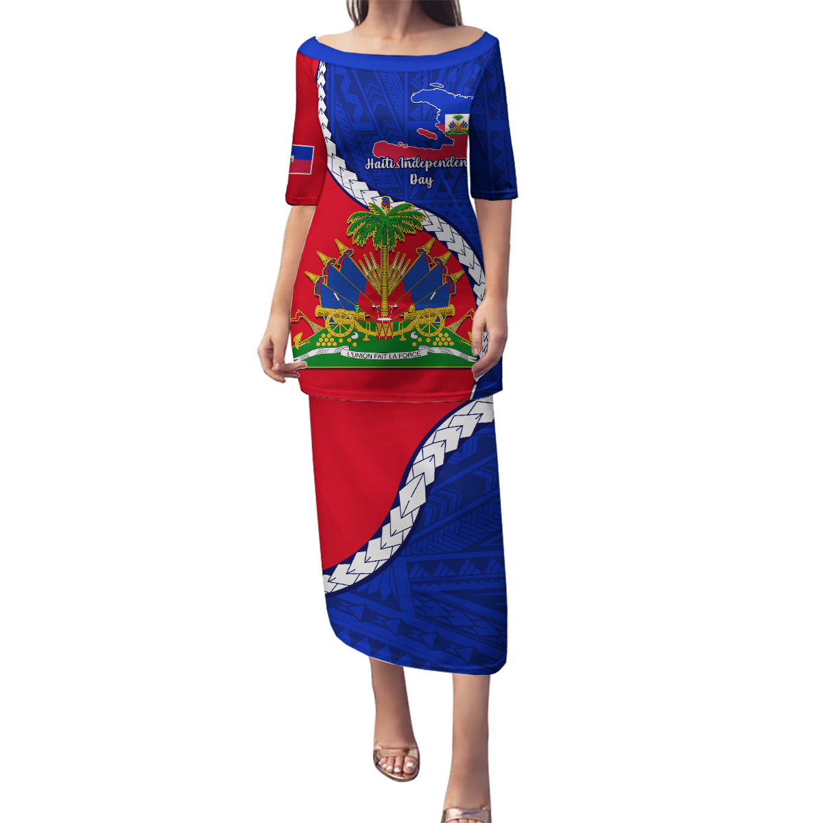 Personalised Haiti Independence Day Family Matching Puletasi Dress and Hawaiian Shirt Ayiti National Emblem With Polynesian Pattern - Wonder Print Shop