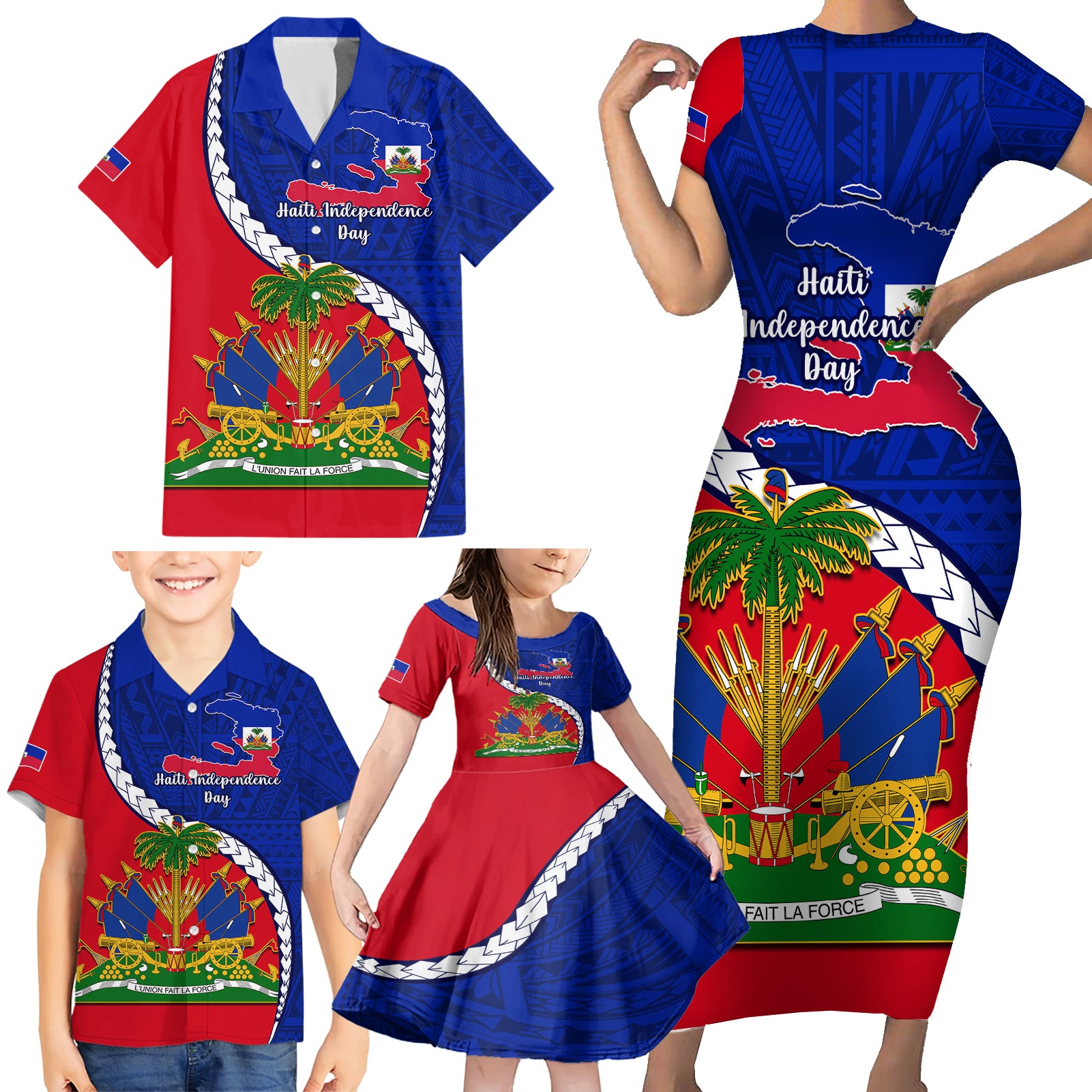 personalised-haiti-independence-day-family-matching-short-sleeve-bodycon-dress-and-hawaiian-shirt-ayiti-national-emblem-with-polynesian-pattern
