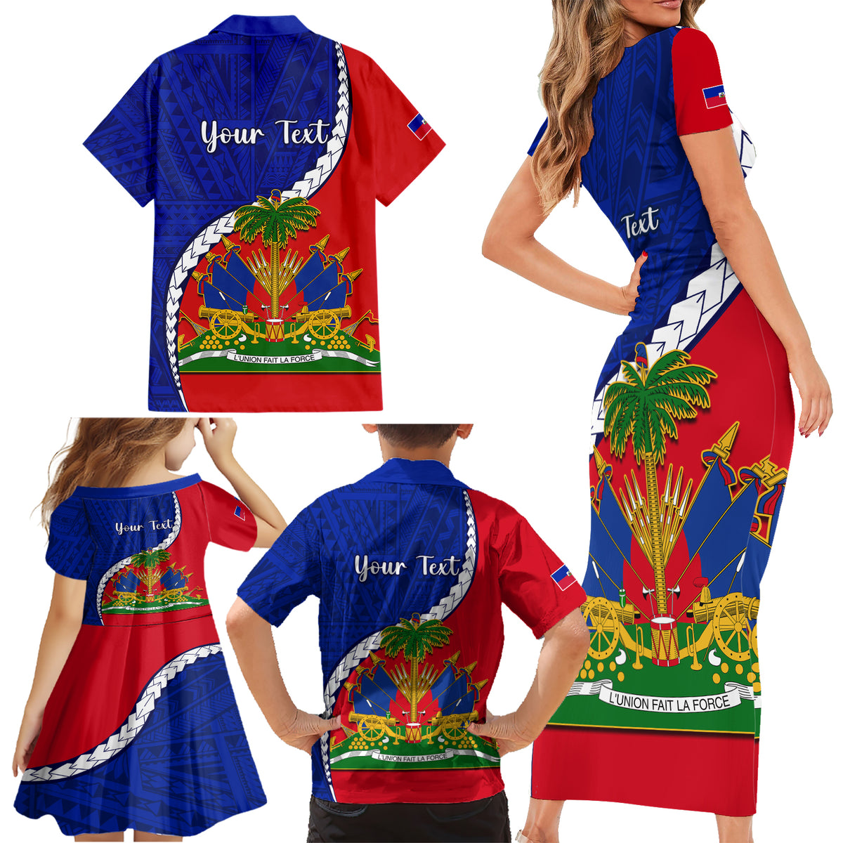 Personalised Haiti Independence Day Family Matching Short Sleeve Bodycon Dress and Hawaiian Shirt Ayiti National Emblem With Polynesian Pattern - Wonder Print Shop