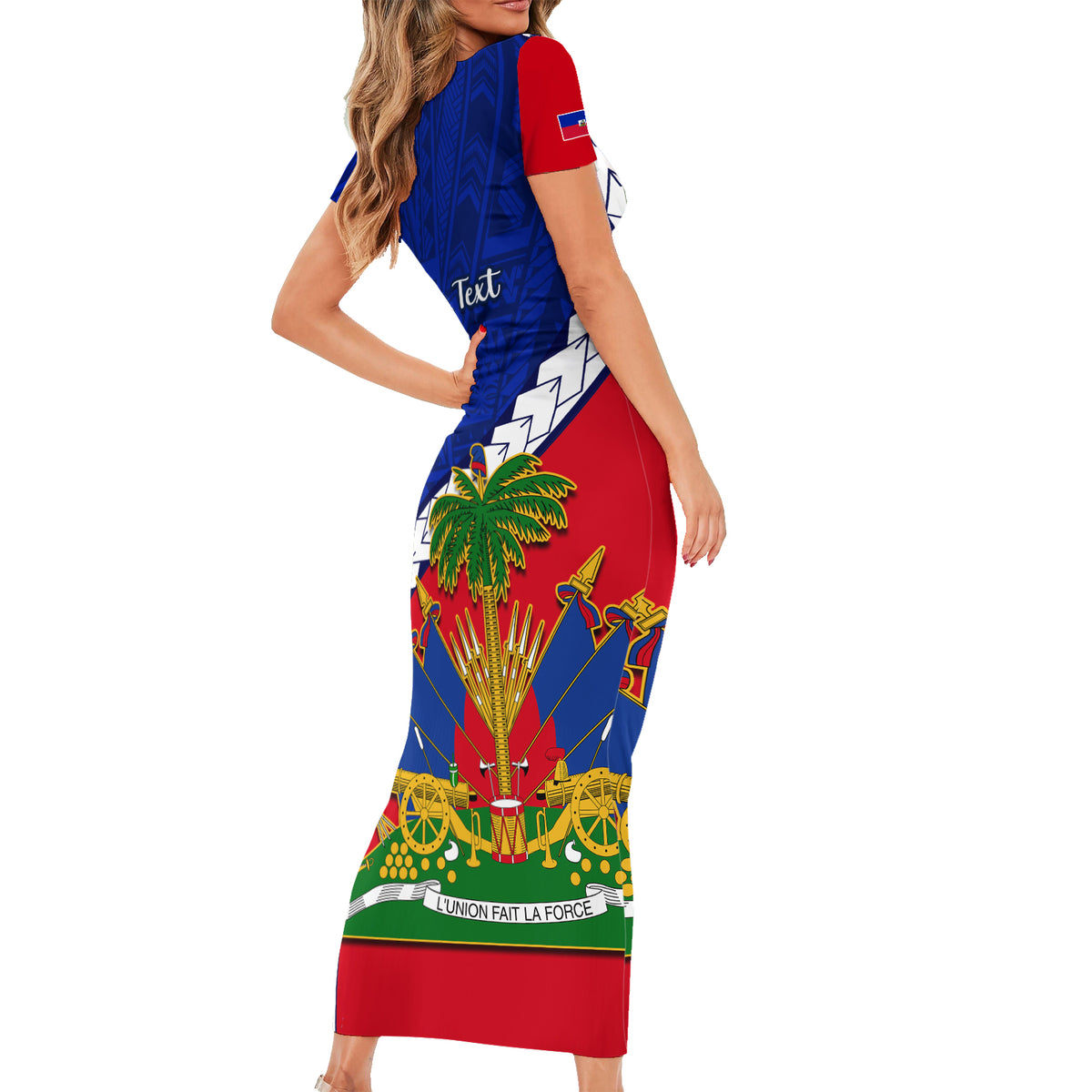 Personalised Haiti Independence Day Family Matching Short Sleeve Bodycon Dress and Hawaiian Shirt Ayiti National Emblem With Polynesian Pattern - Wonder Print Shop