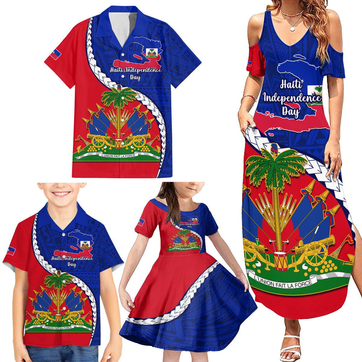 personalised-haiti-independence-day-family-matching-summer-maxi-dress-and-hawaiian-shirt-ayiti-national-emblem-with-polynesian-pattern