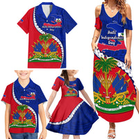 Personalised Haiti Independence Day Family Matching Summer Maxi Dress and Hawaiian Shirt Ayiti National Emblem With Polynesian Pattern - Wonder Print Shop
