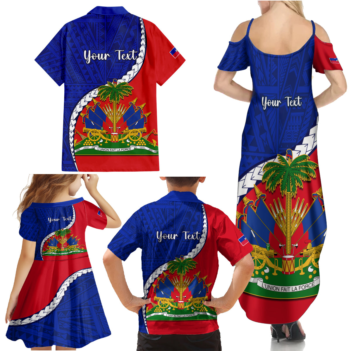 Personalised Haiti Independence Day Family Matching Summer Maxi Dress and Hawaiian Shirt Ayiti National Emblem With Polynesian Pattern - Wonder Print Shop