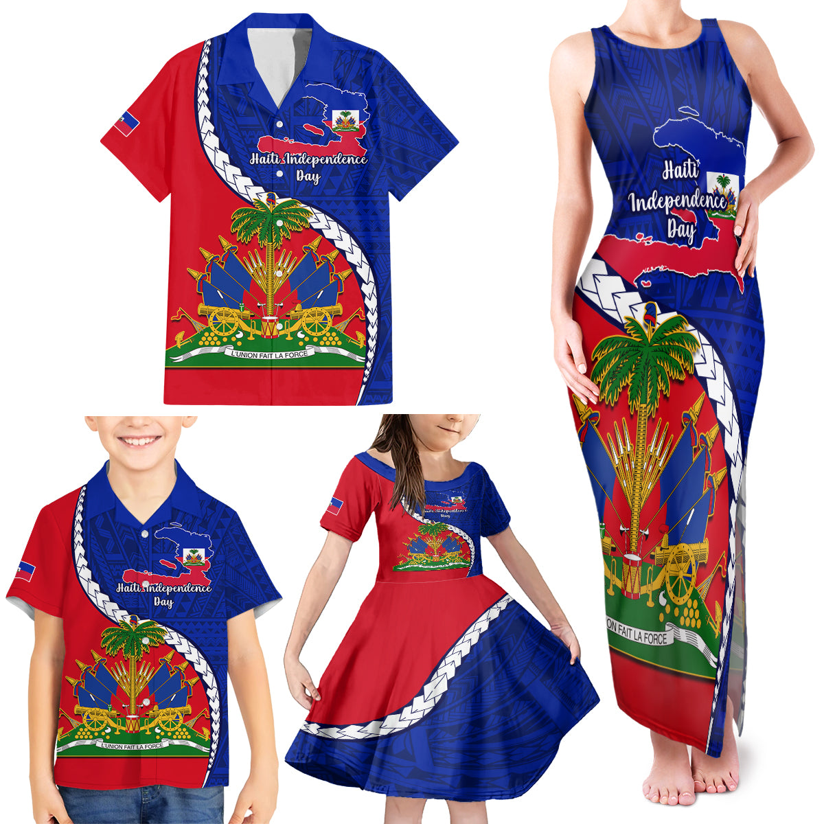 personalised-haiti-independence-day-family-matching-tank-maxi-dress-and-hawaiian-shirt-ayiti-national-emblem-with-polynesian-pattern