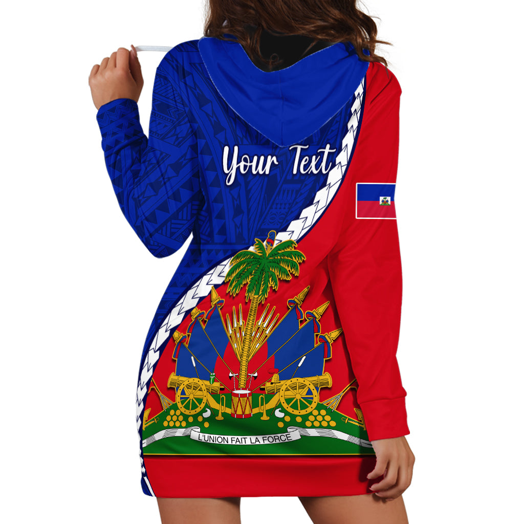 Personalised Haiti Independence Day Hoodie Dress Ayiti National Emblem With Polynesian Pattern - Wonder Print Shop