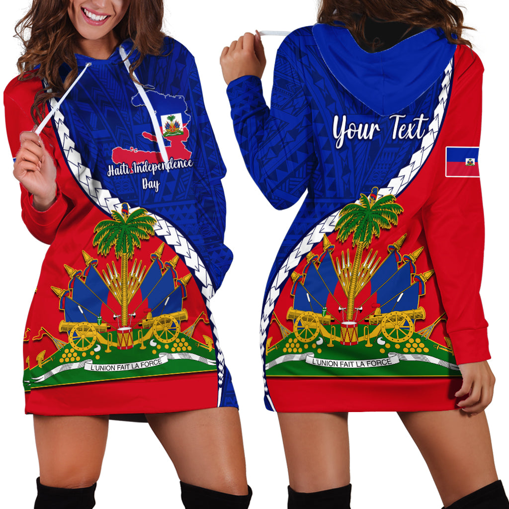 Personalised Haiti Independence Day Hoodie Dress Ayiti National Emblem With Polynesian Pattern - Wonder Print Shop