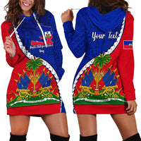 Personalised Haiti Independence Day Hoodie Dress Ayiti National Emblem With Polynesian Pattern - Wonder Print Shop