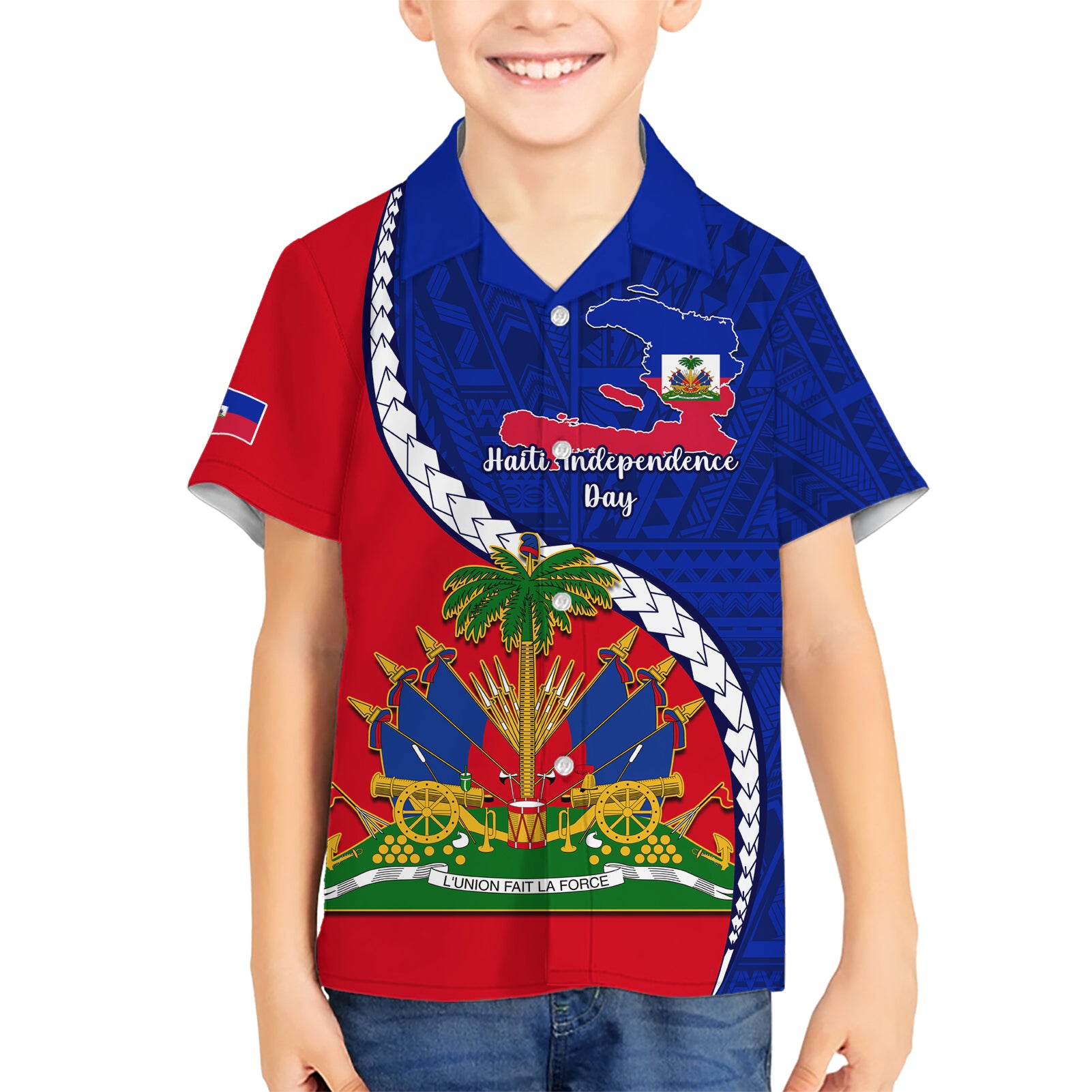Personalised Haiti Independence Day Kid Hawaiian Shirt Ayiti National Emblem With Polynesian Pattern - Wonder Print Shop