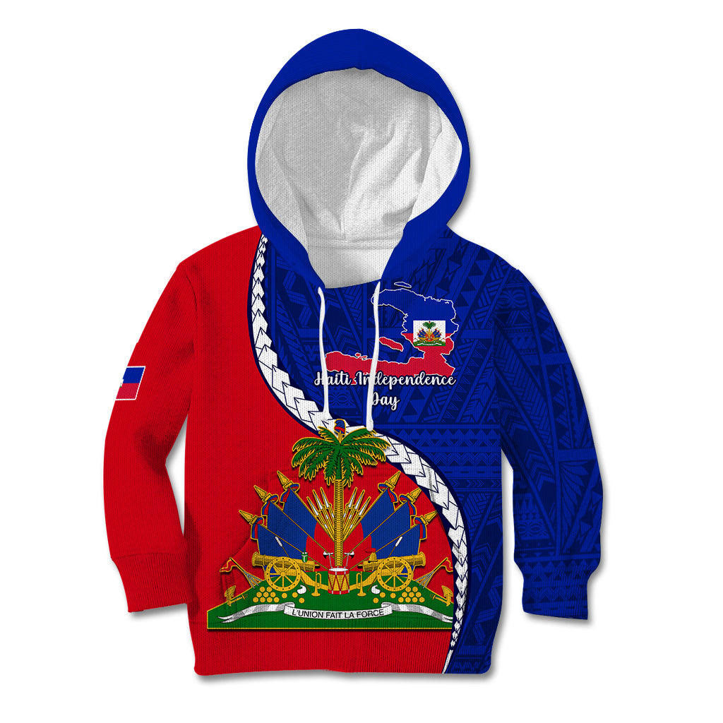 Personalised Haiti Independence Day Kid Hoodie Ayiti National Emblem With Polynesian Pattern - Wonder Print Shop