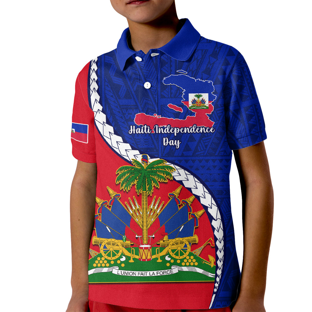 Personalised Haiti Independence Day Kid Polo Shirt Ayiti National Emblem With Polynesian Pattern - Wonder Print Shop