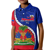 Personalised Haiti Independence Day Kid Polo Shirt Ayiti National Emblem With Polynesian Pattern - Wonder Print Shop