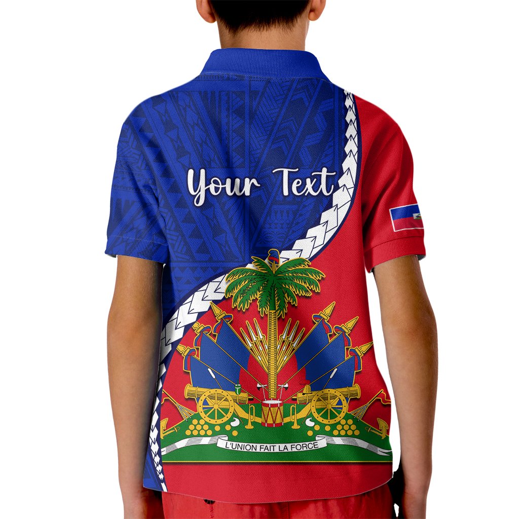 Personalised Haiti Independence Day Kid Polo Shirt Ayiti National Emblem With Polynesian Pattern - Wonder Print Shop