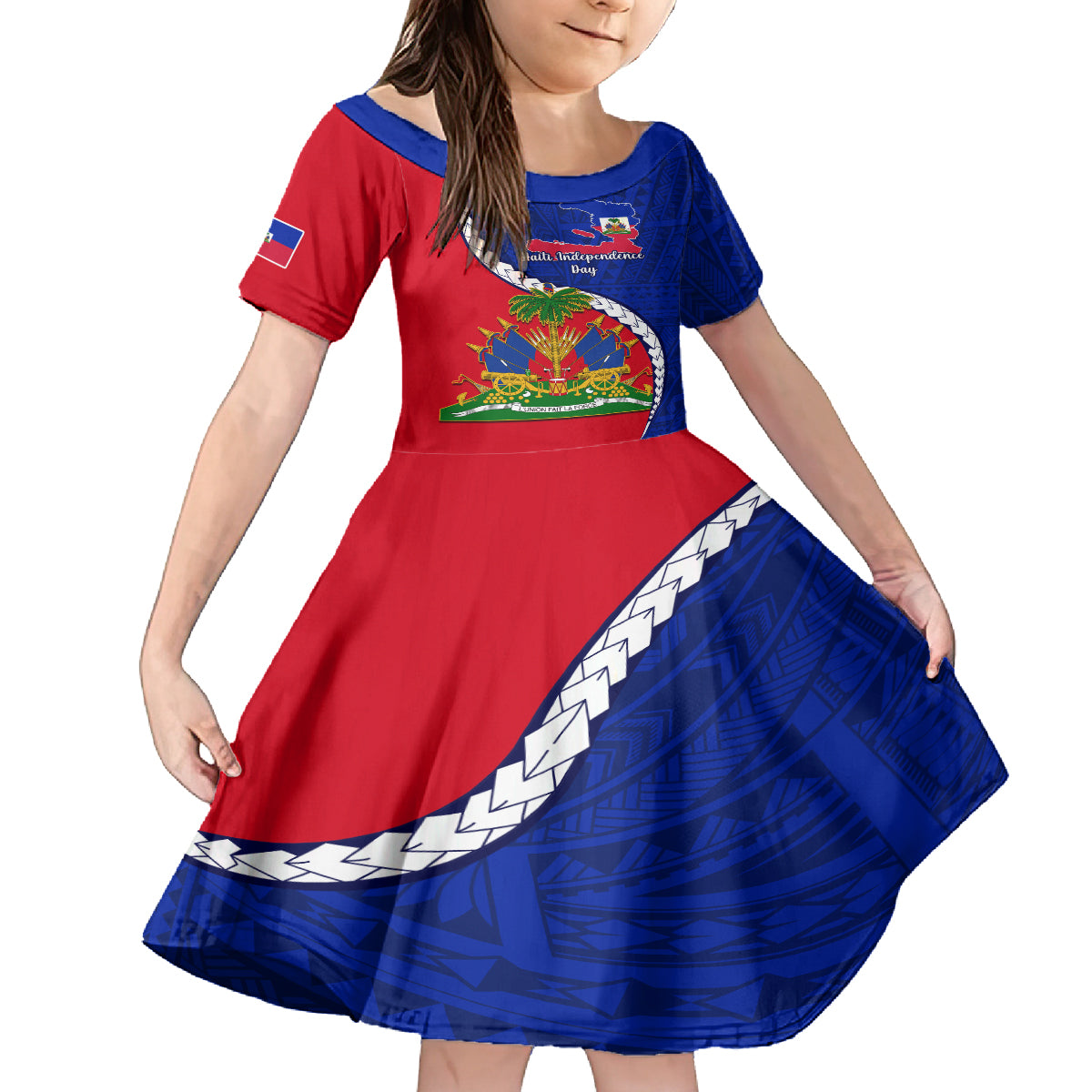 Personalised Haiti Independence Day Kid Short Sleeve Dress Ayiti National Emblem With Polynesian Pattern - Wonder Print Shop