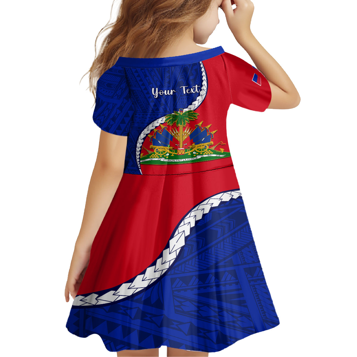Personalised Haiti Independence Day Kid Short Sleeve Dress Ayiti National Emblem With Polynesian Pattern - Wonder Print Shop