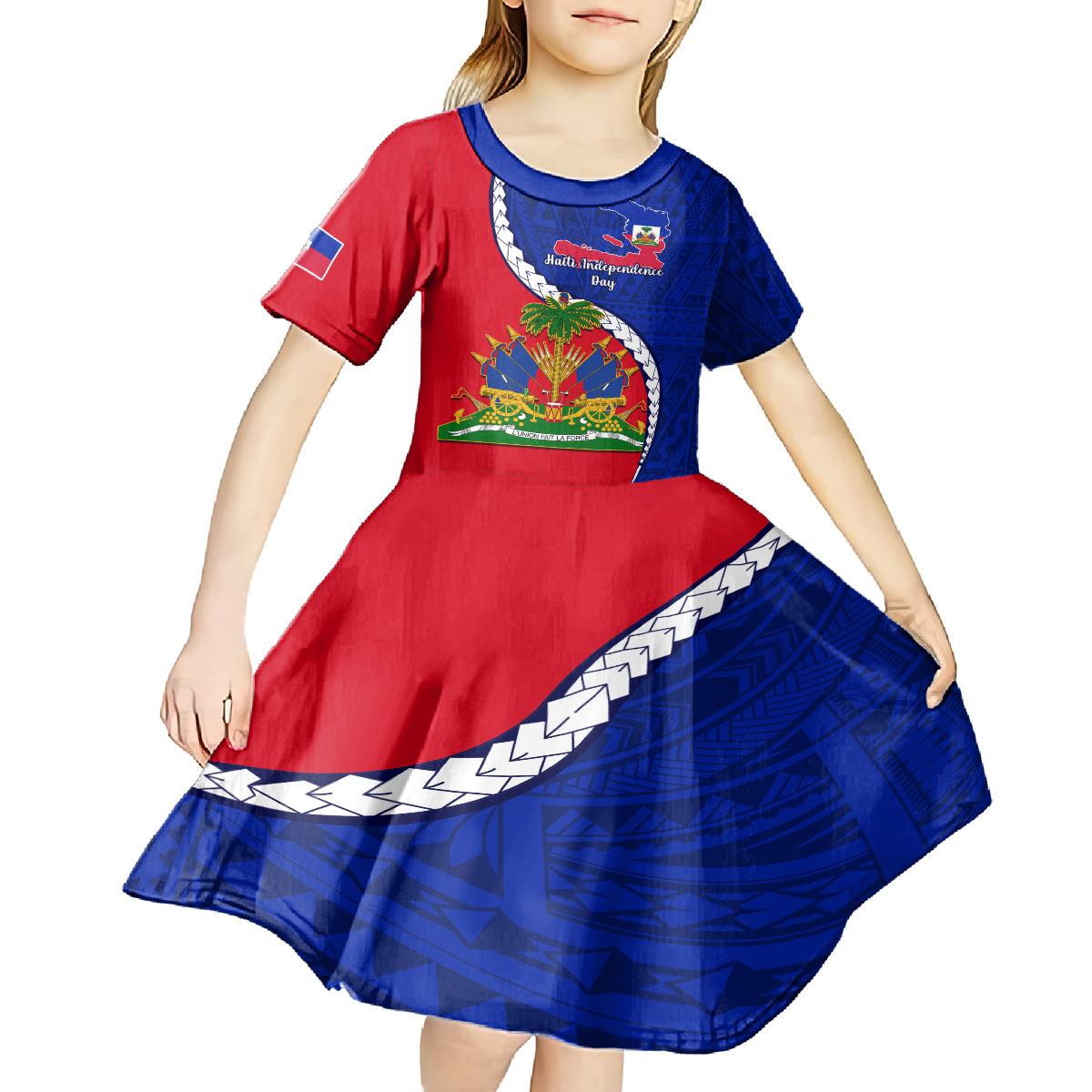 Personalised Haiti Independence Day Kid Short Sleeve Dress Ayiti National Emblem With Polynesian Pattern - Wonder Print Shop