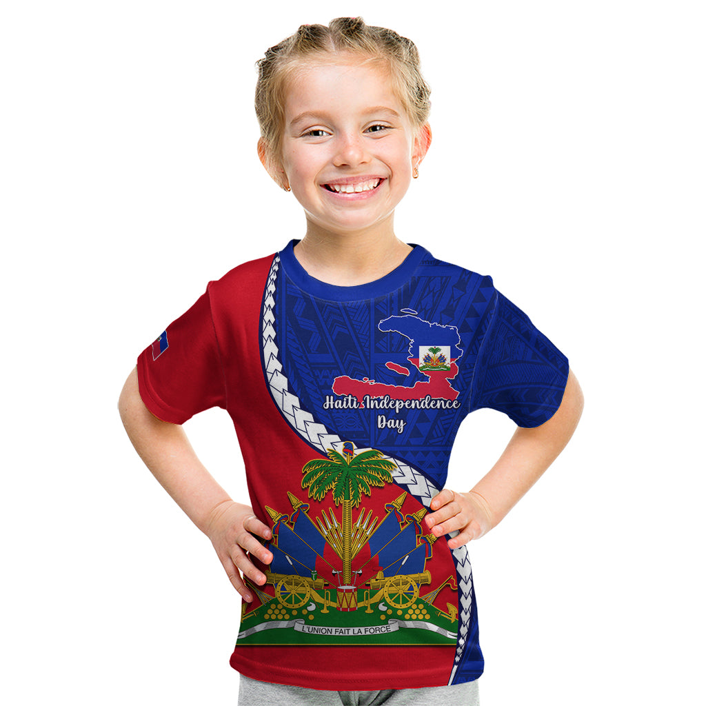 Personalised Haiti Independence Day Kid T Shirt Ayiti National Emblem With Polynesian Pattern - Wonder Print Shop