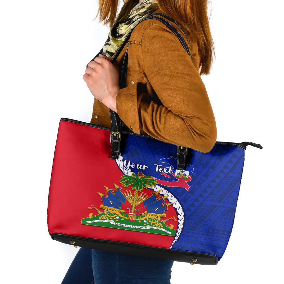 Personalised Haiti Independence Day Leather Tote Bag Ayiti National Emblem With Polynesian Pattern - Wonder Print Shop