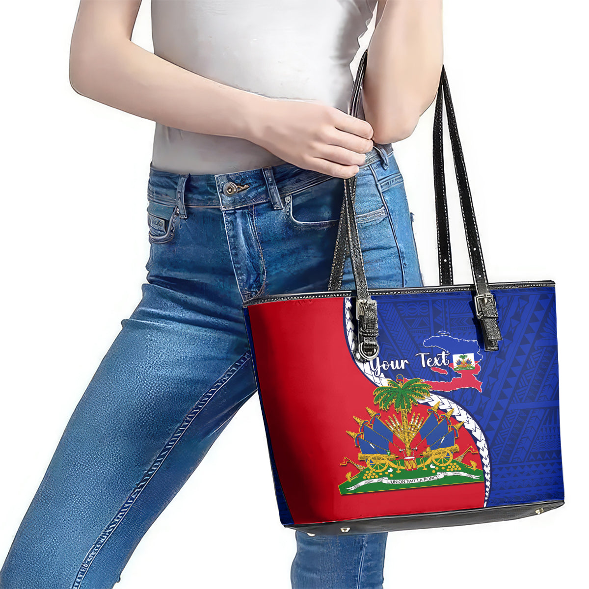 Personalised Haiti Independence Day Leather Tote Bag Ayiti National Emblem With Polynesian Pattern - Wonder Print Shop
