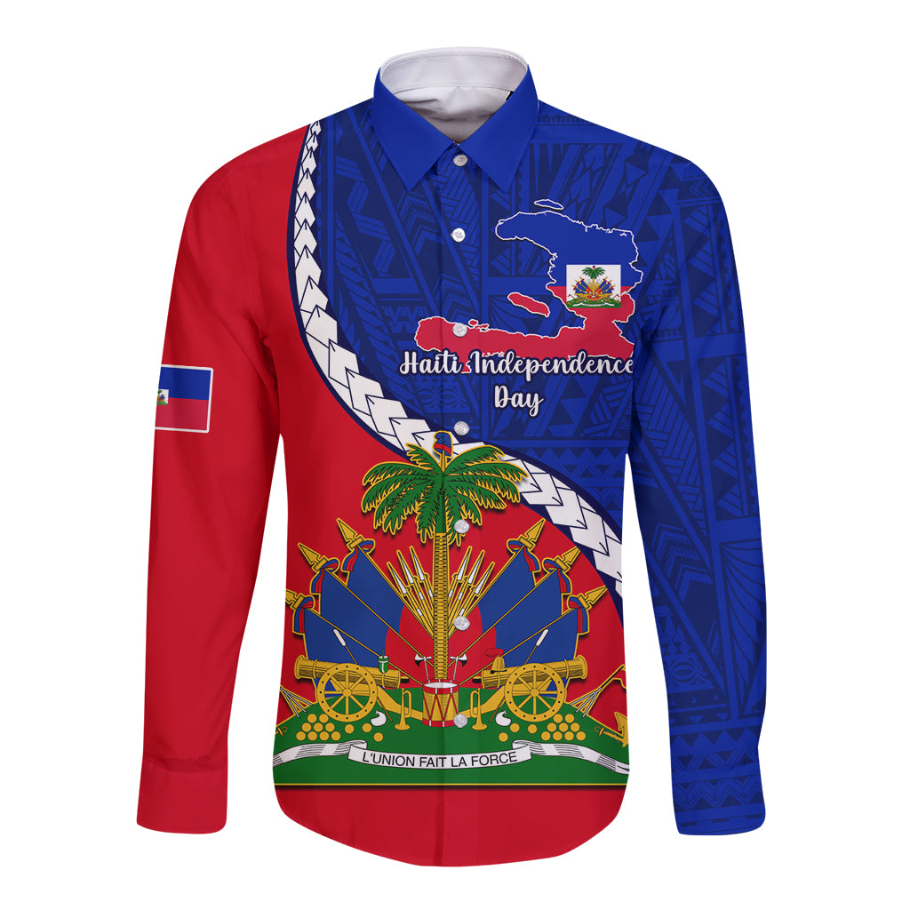 Personalised Haiti Independence Day Long Sleeve Button Shirt Ayiti National Emblem With Polynesian Pattern - Wonder Print Shop