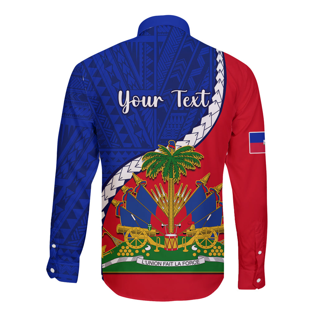 Personalised Haiti Independence Day Long Sleeve Button Shirt Ayiti National Emblem With Polynesian Pattern - Wonder Print Shop