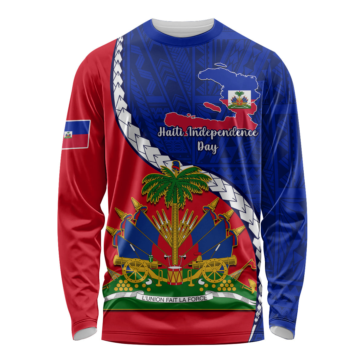 Personalised Haiti Independence Day Long Sleeve Shirt Ayiti National Emblem With Polynesian Pattern - Wonder Print Shop