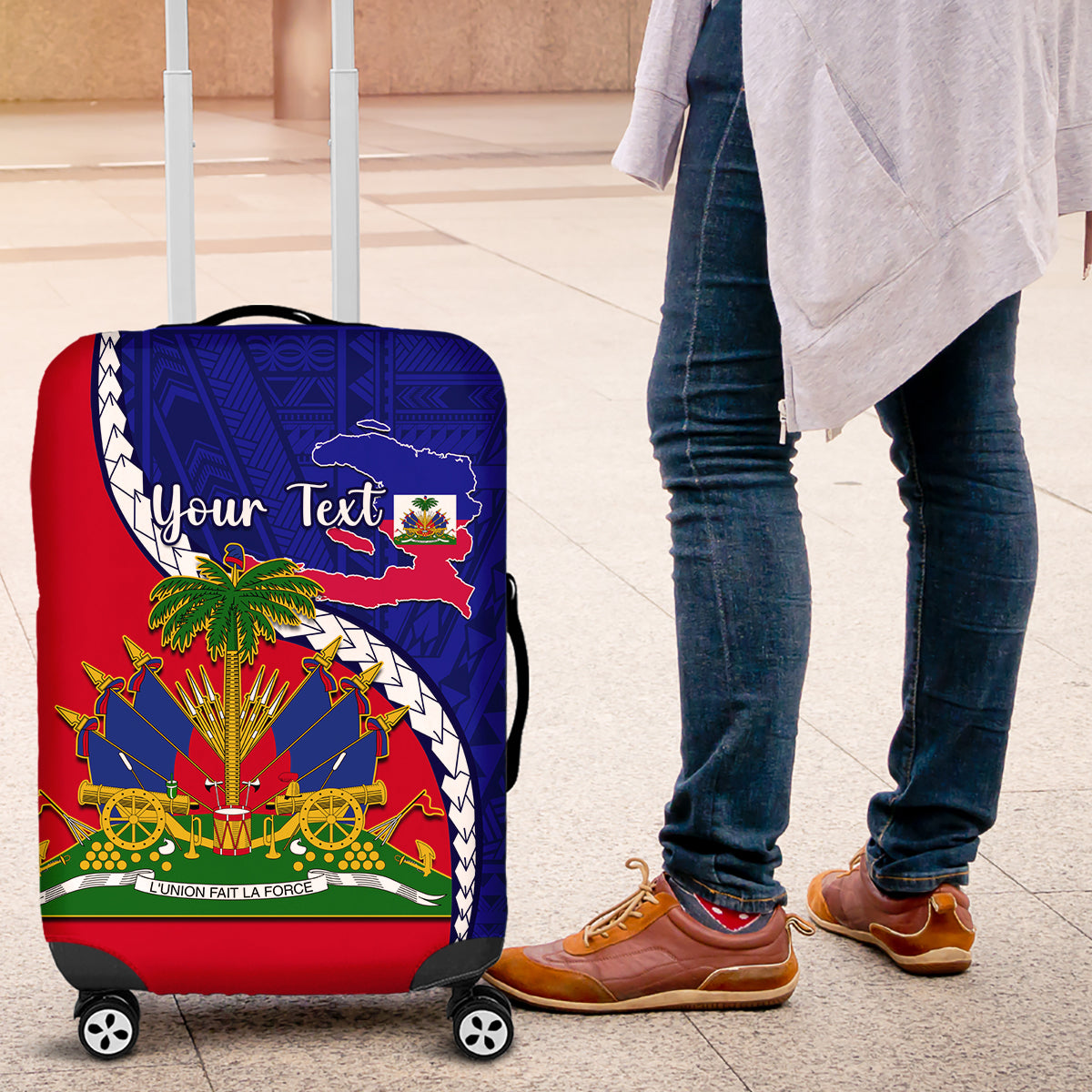 Personalised Haiti Independence Day Luggage Cover Ayiti National Emblem With Polynesian Pattern - Wonder Print Shop