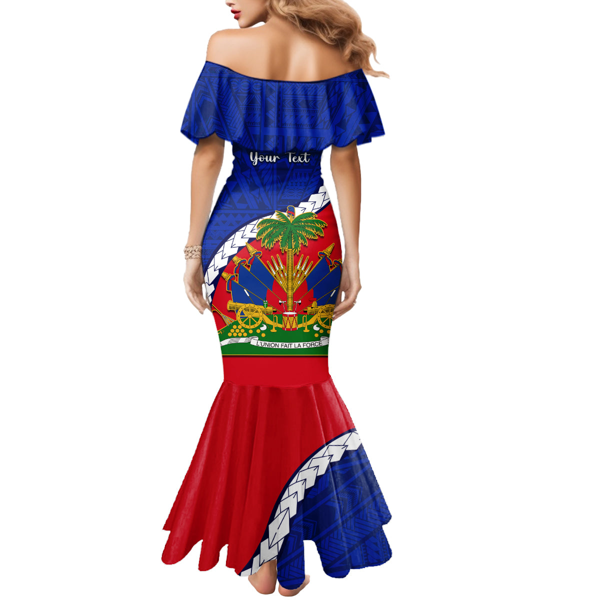 Personalised Haiti Independence Day Mermaid Dress Ayiti National Emblem With Polynesian Pattern - Wonder Print Shop