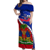 Personalised Haiti Independence Day Off Shoulder Maxi Dress Ayiti National Emblem With Polynesian Pattern - Wonder Print Shop