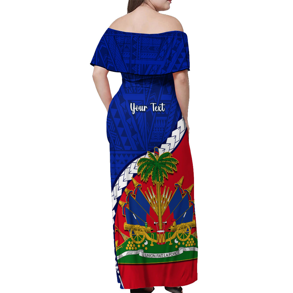 Personalised Haiti Independence Day Off Shoulder Maxi Dress Ayiti National Emblem With Polynesian Pattern - Wonder Print Shop