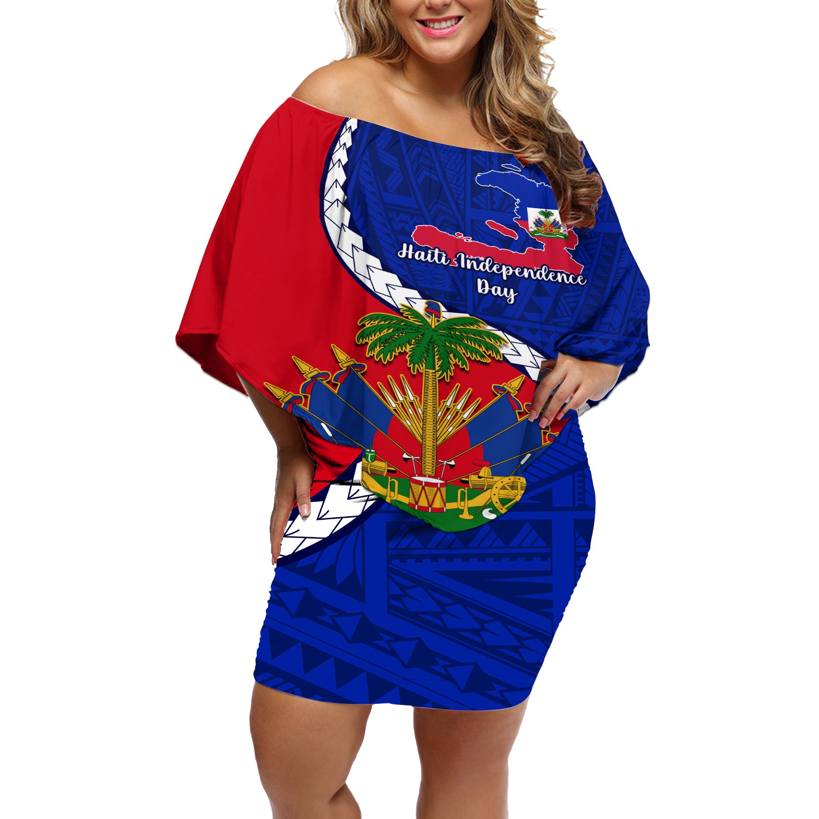 personalised-haiti-independence-day-off-shoulder-short-dress-ayiti-national-emblem-with-polynesian-pattern