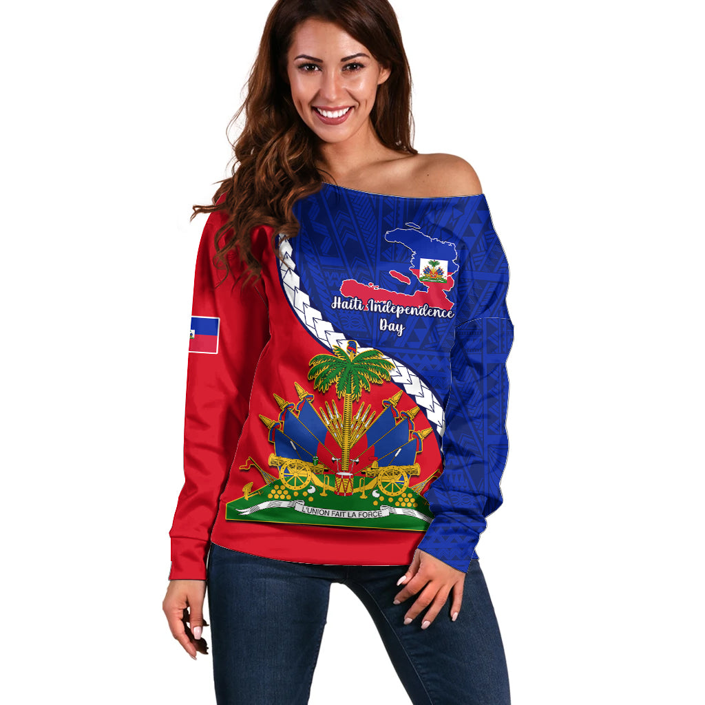 Personalised Haiti Independence Day Off Shoulder Sweater Ayiti National Emblem With Polynesian Pattern - Wonder Print Shop