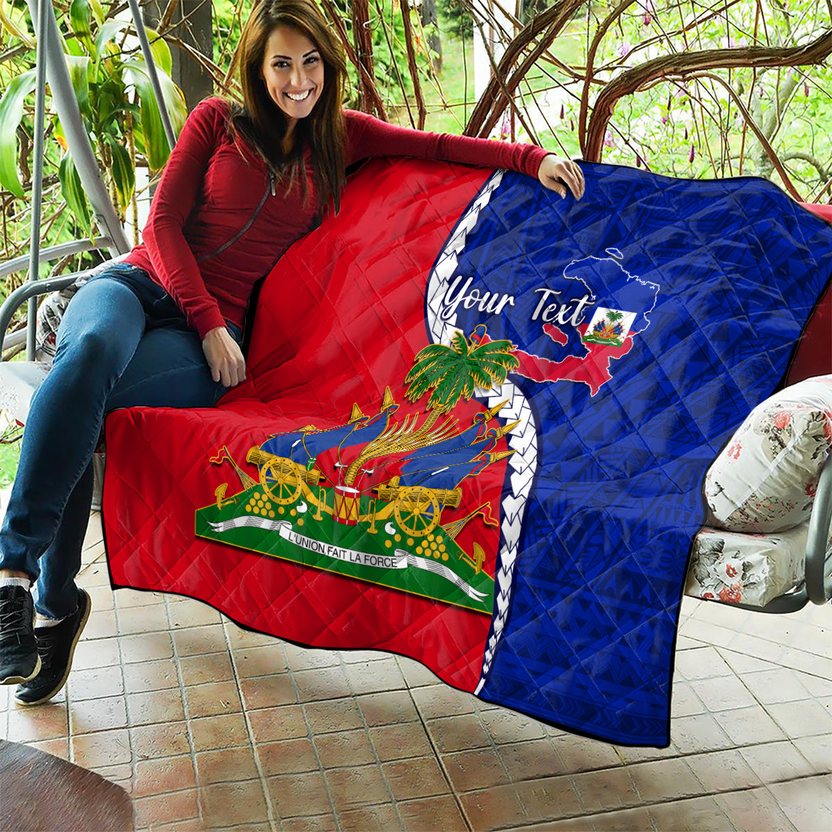 Personalised Haiti Independence Day Quilt Ayiti National Emblem With Polynesian Pattern - Wonder Print Shop