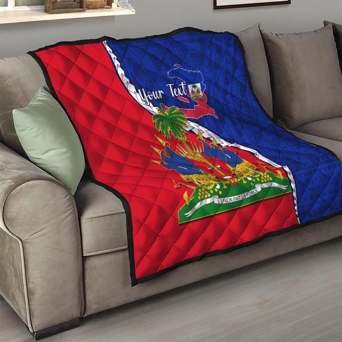Personalised Haiti Independence Day Quilt Ayiti National Emblem With Polynesian Pattern - Wonder Print Shop