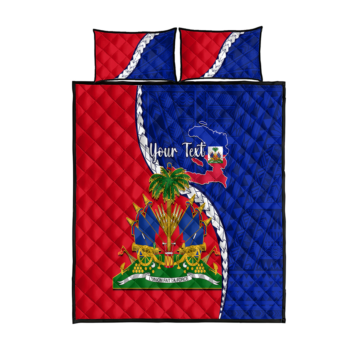 Personalised Haiti Independence Day Quilt Bed Set Ayiti National Emblem With Polynesian Pattern - Wonder Print Shop