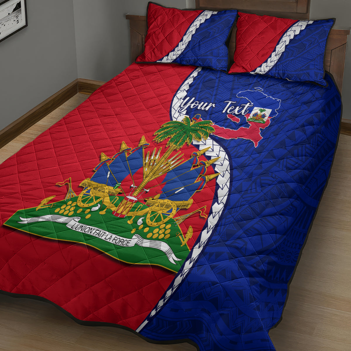 Personalised Haiti Independence Day Quilt Bed Set Ayiti National Emblem With Polynesian Pattern - Wonder Print Shop