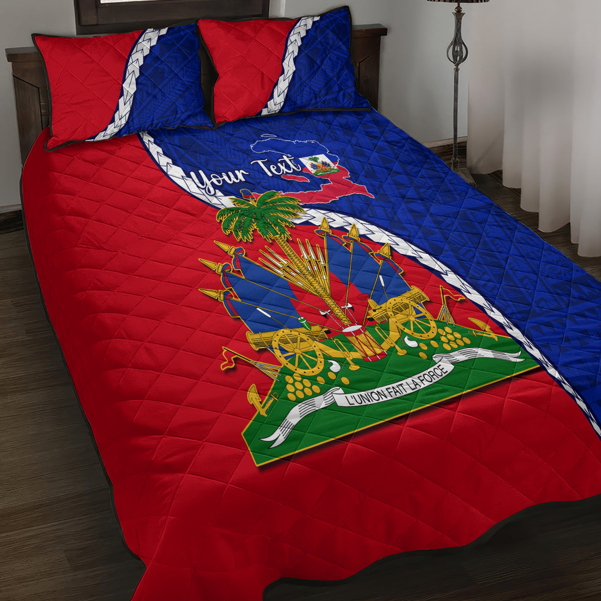 Personalised Haiti Independence Day Quilt Bed Set Ayiti National Emblem With Polynesian Pattern - Wonder Print Shop