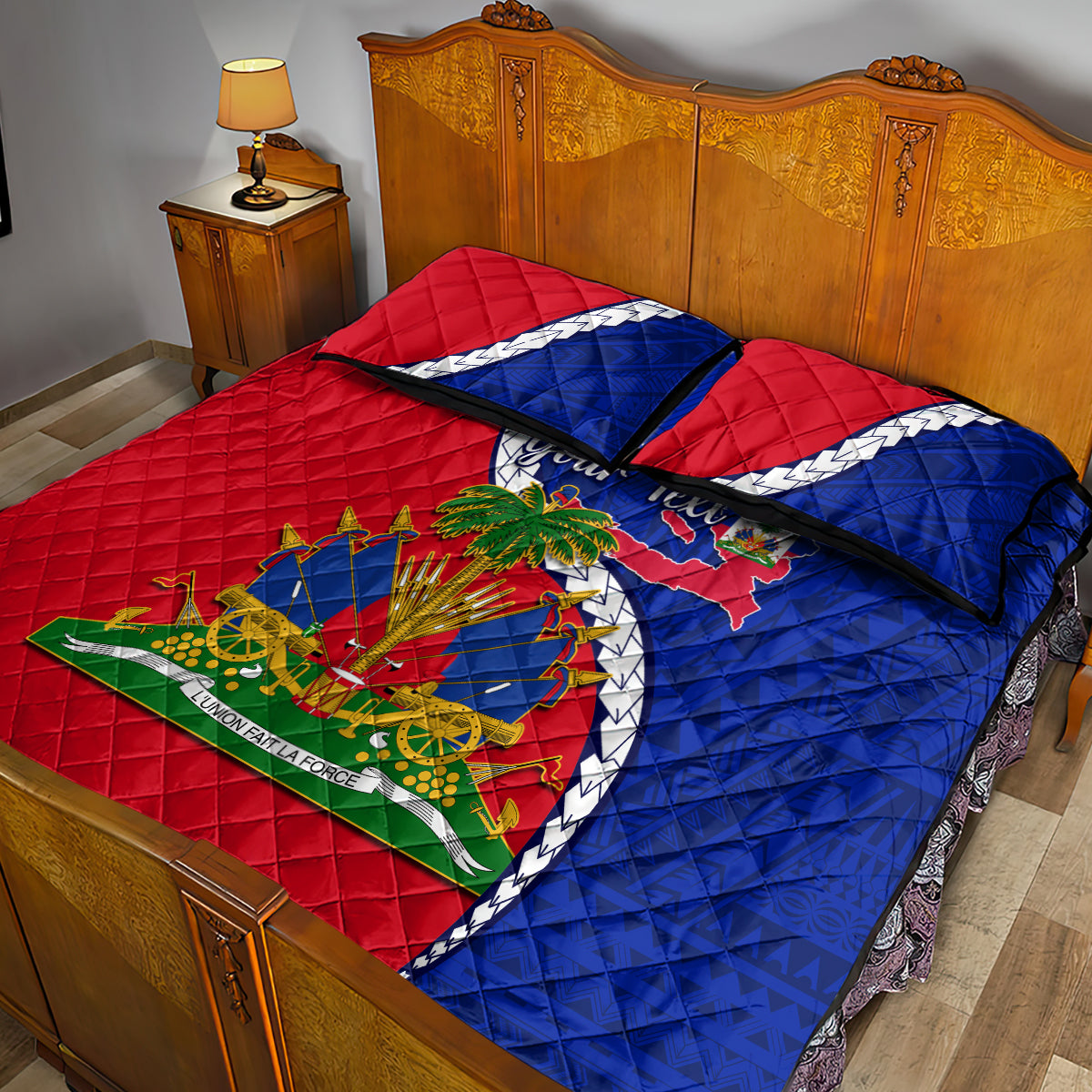 Personalised Haiti Independence Day Quilt Bed Set Ayiti National Emblem With Polynesian Pattern - Wonder Print Shop