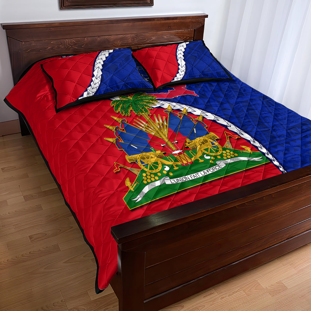 Personalised Haiti Independence Day Quilt Bed Set Ayiti National Emblem With Polynesian Pattern - Wonder Print Shop