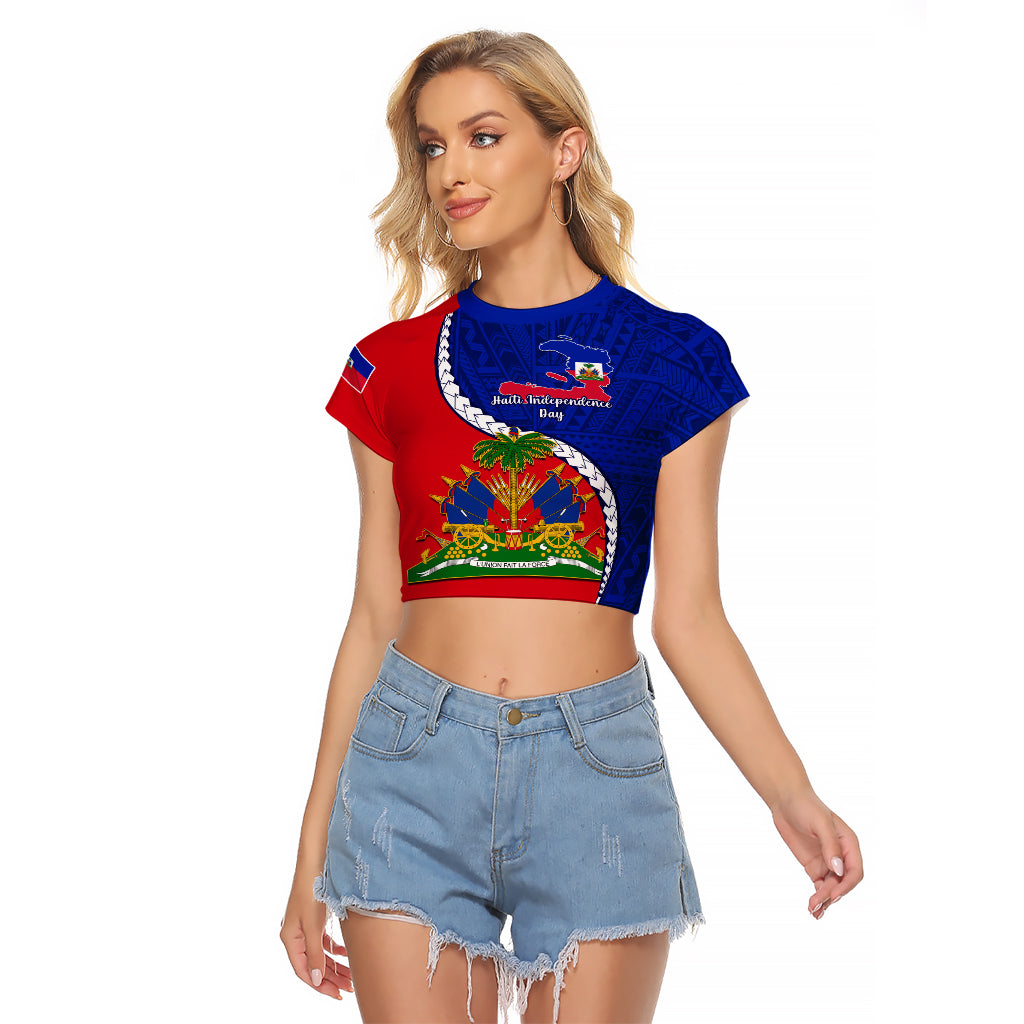 Personalised Haiti Independence Day Raglan Cropped T Shirt Ayiti National Emblem With Polynesian Pattern - Wonder Print Shop